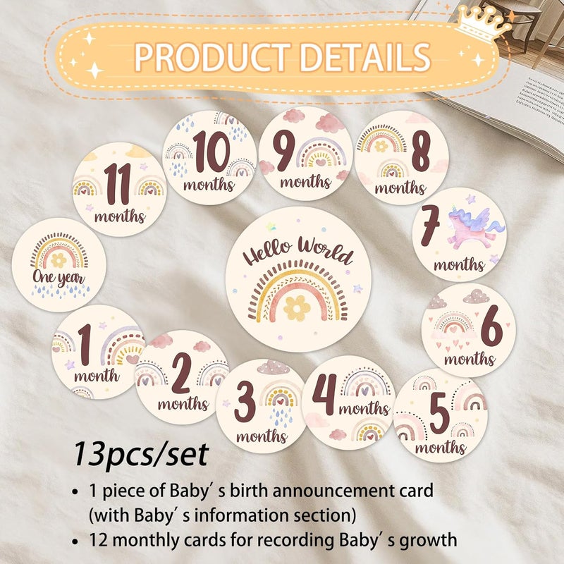 MCIAONE Baby Monthly Milestone Cards Sign - Double Sided Wooden Milestone Cards with Rainbow Design, Wooden Circles Discs for Photo Props Birth Announcement Board, Baby Shower/Gift Newborn Sign Set(13pcs) - Image 3